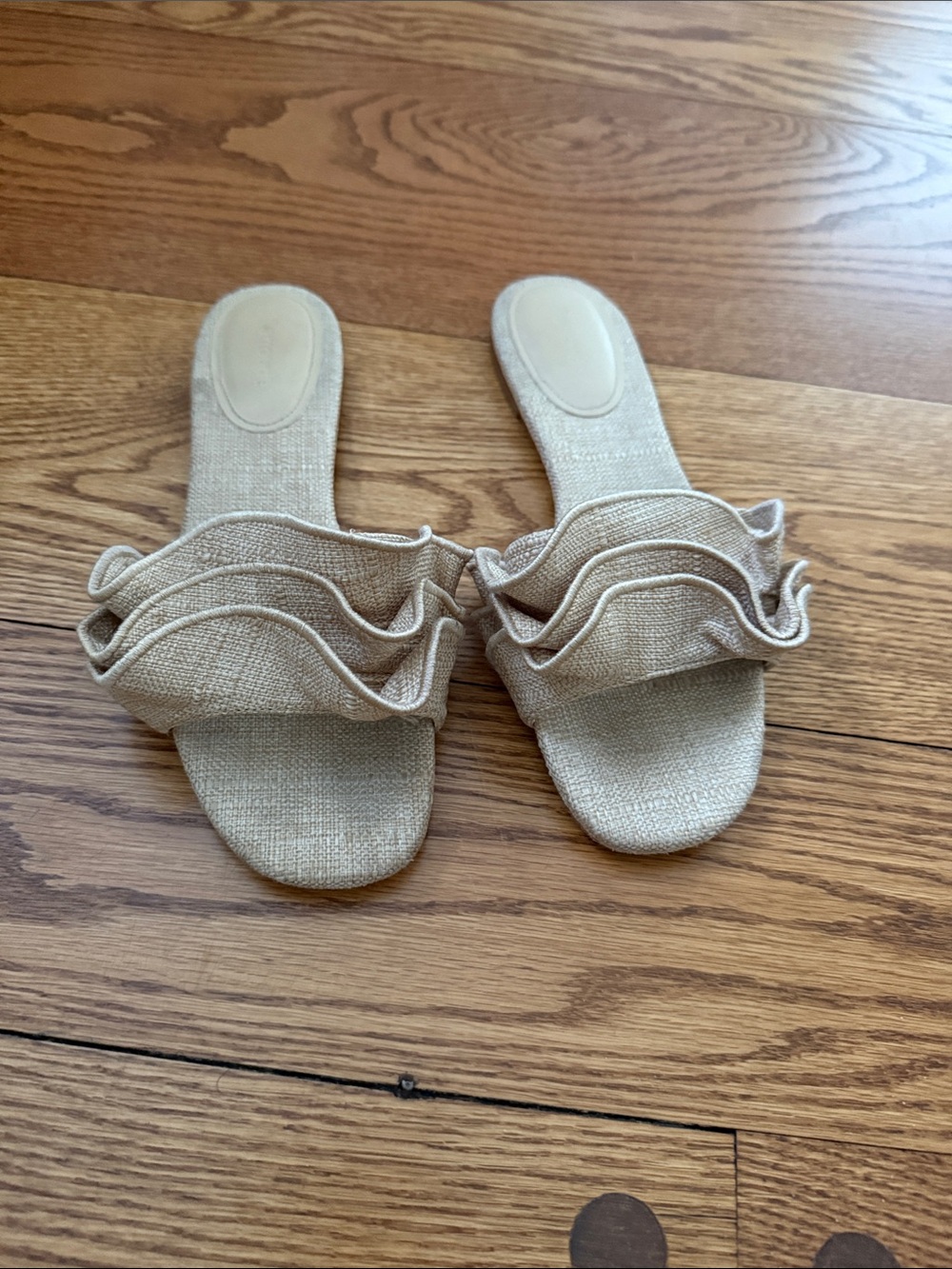Larroude Beige Ruffle Slide Mules